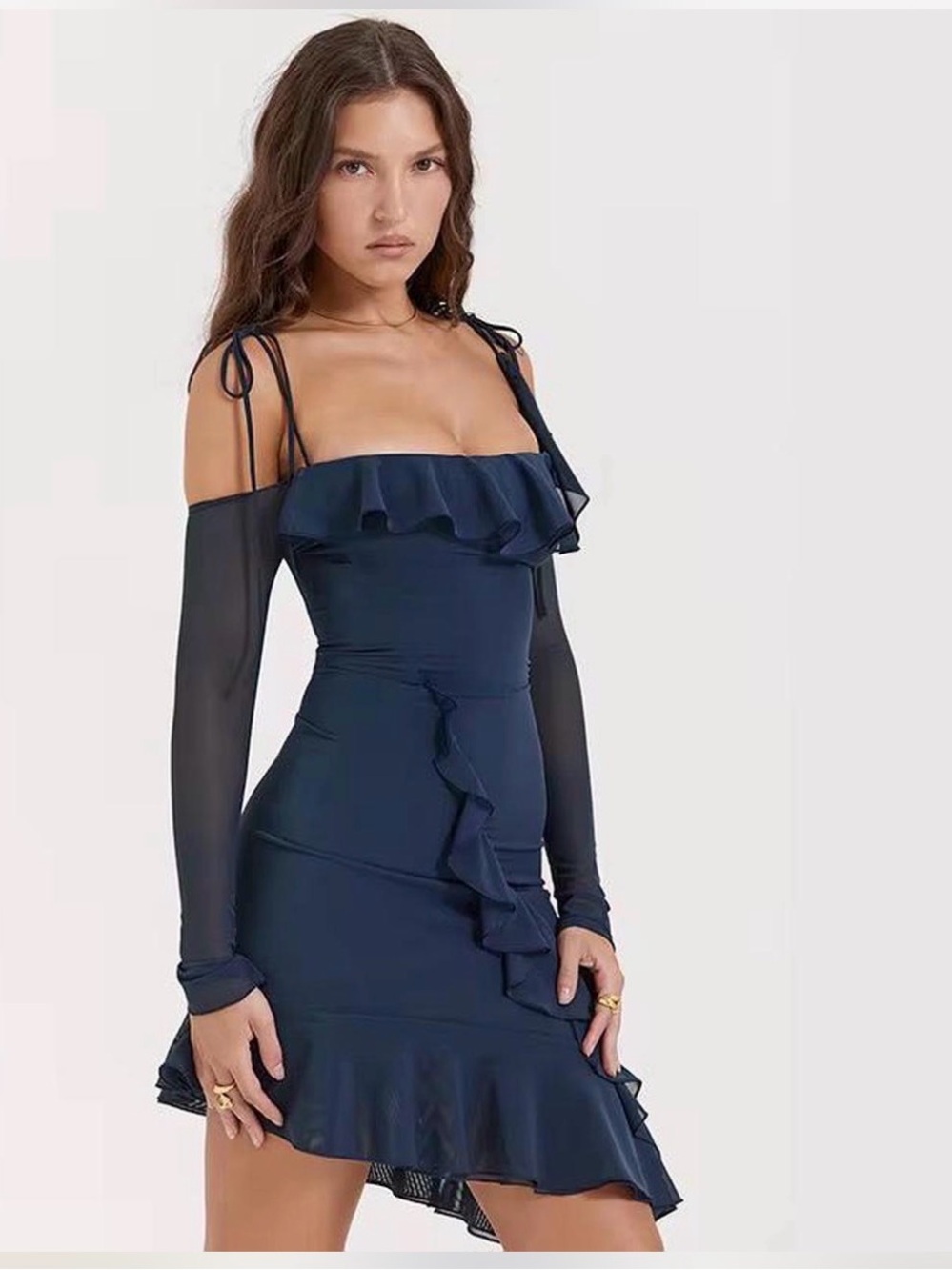 Off-Shoulder Ruffle Bodycon Dress in Navy
